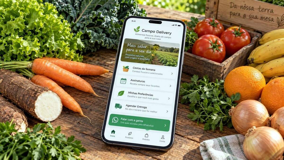 Campo Delivery com aplicativo e produtos do campo