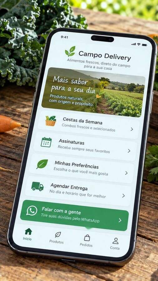 Aplicativo Campo Delivery apresentado em um celular